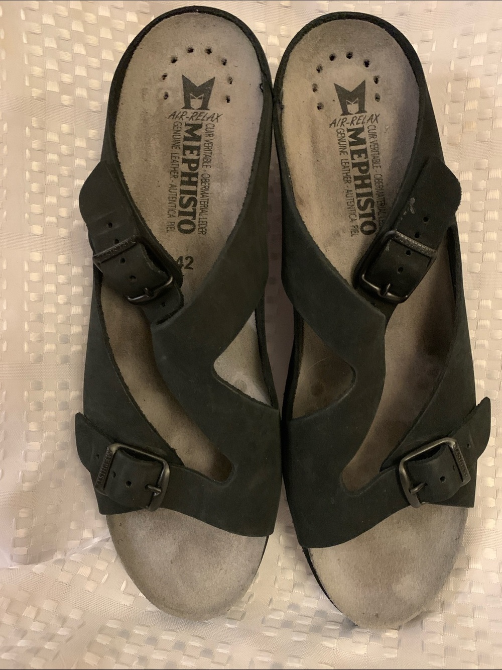 Mephisto Women’s black nubuck leather, two strap sandals, size 9.